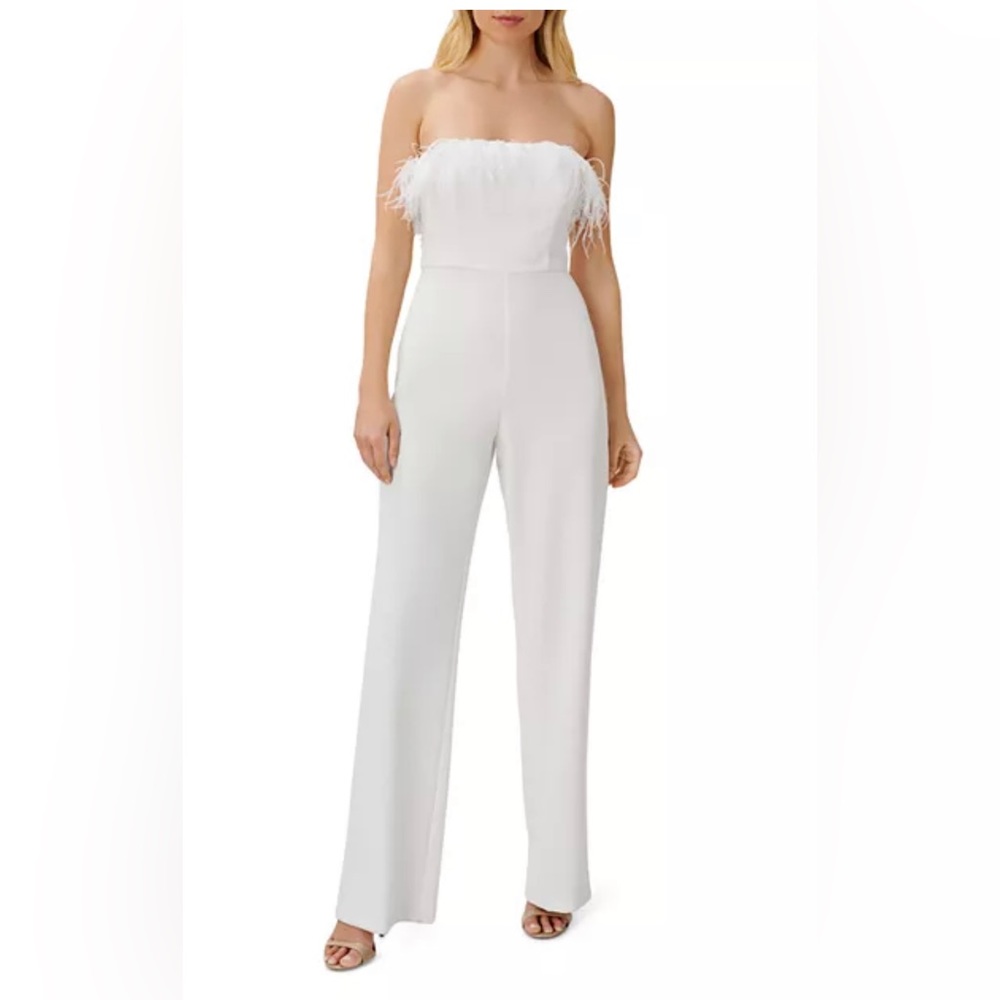 Aidan by Aidan Mattox White Strapless Feather Trim Jumpsuit